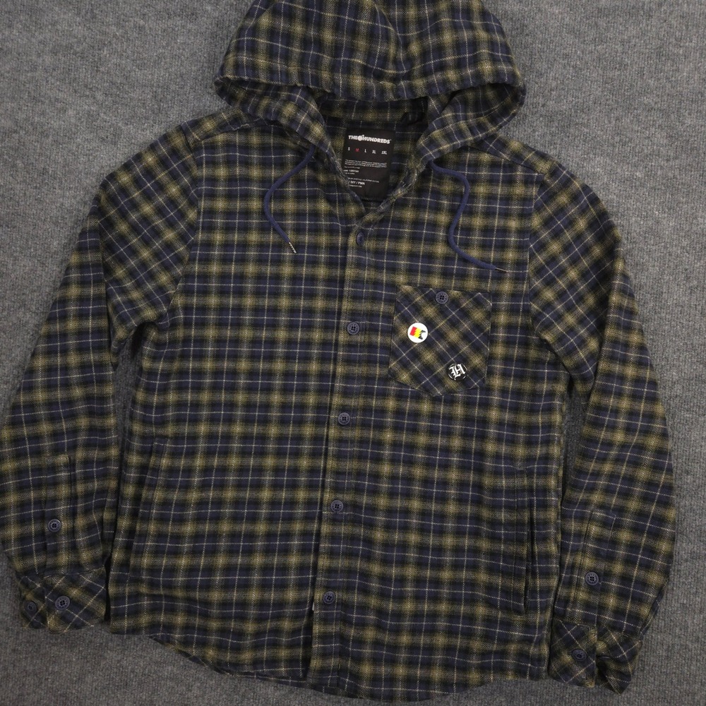 The Hundreds Hoodie Flannel Overshirt Mens M Blue Olive Plaid Pockets Shacket